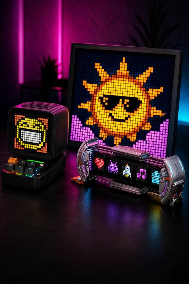 Pixel gadgets Divoom Ditoo Pro, Times Gate and Pixoo in a neon setup